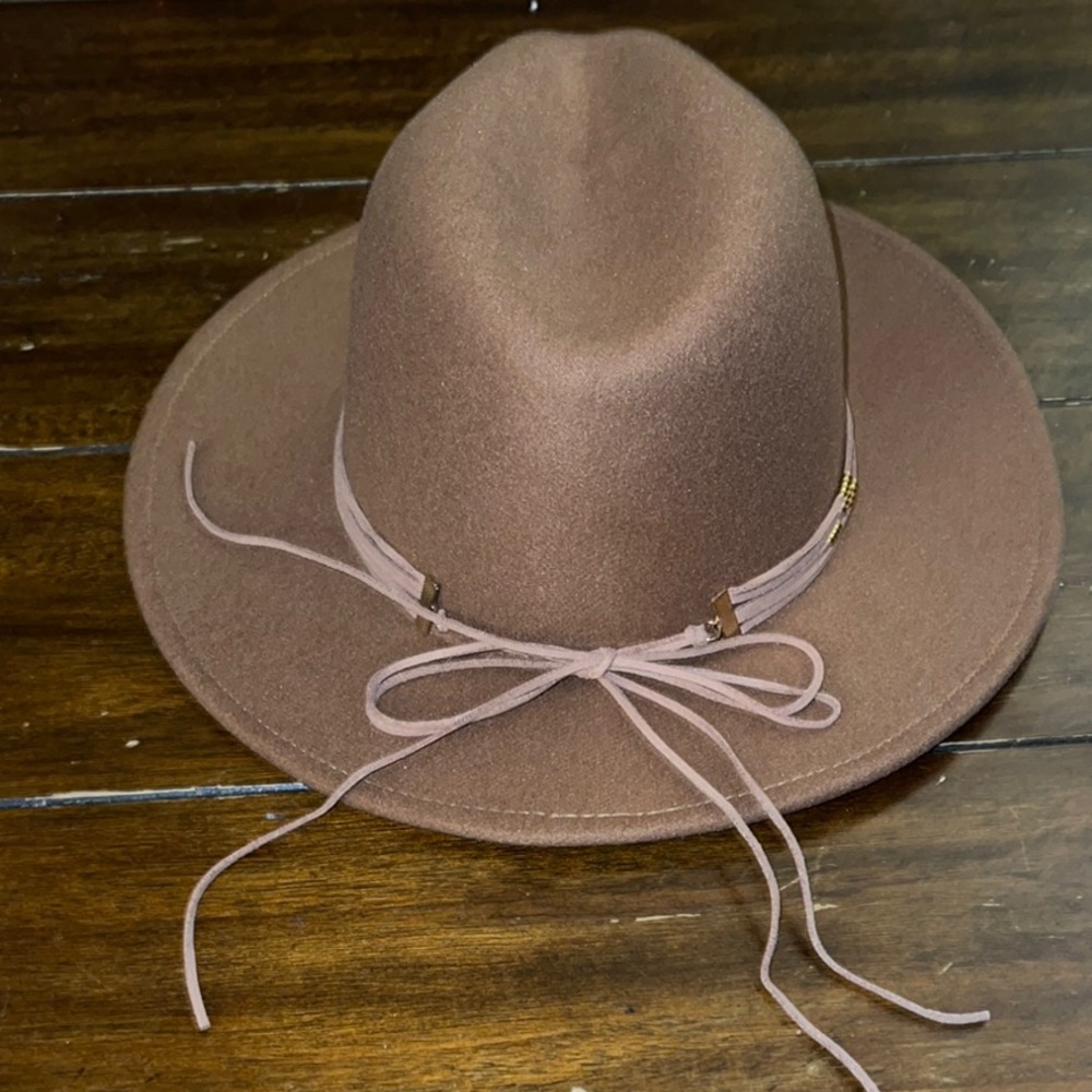 Wool Felt Wide Brim Fedora Hat with Ribbon Tie Band – Taupe/Pecan - Picture 2 of 4